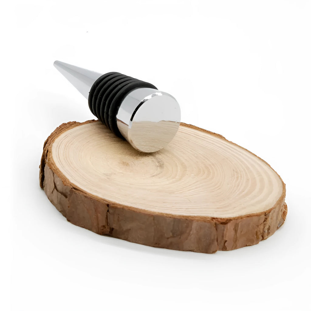 Silver zinc alloy wine bottle stopper with M8 M10 threaded base and silicone seal.