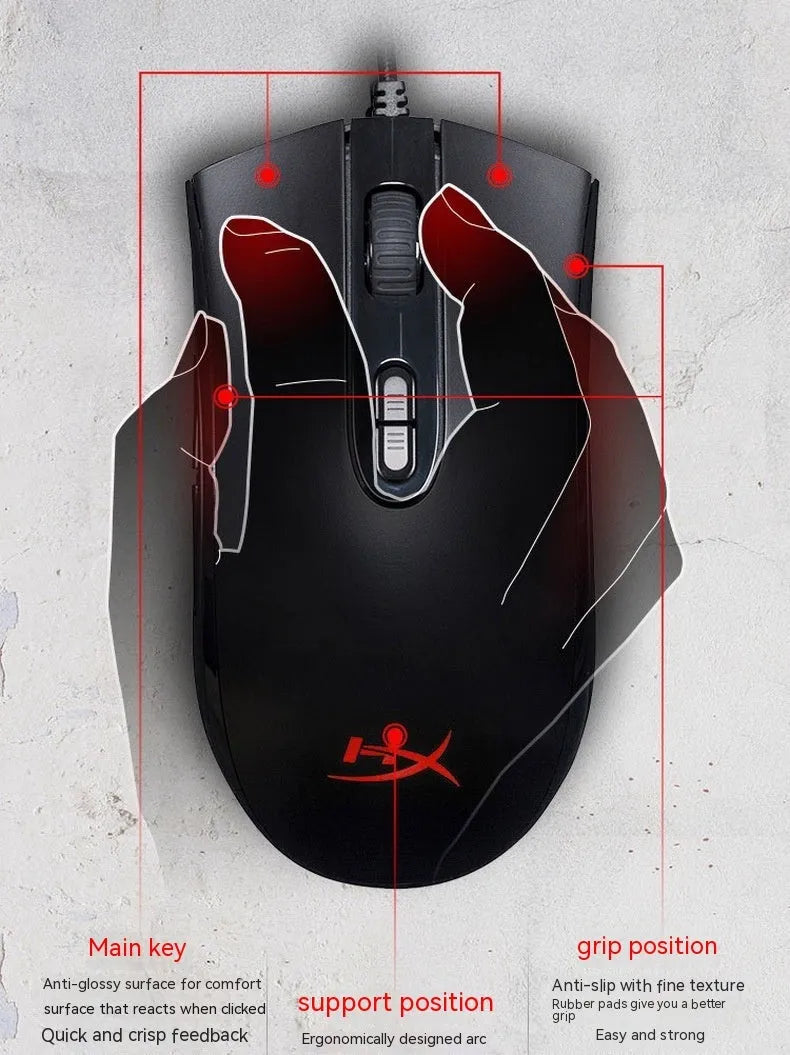 Pulsefire Core RGB wired gaming mouse in black and pink colours with glowing lighting and USB cable.