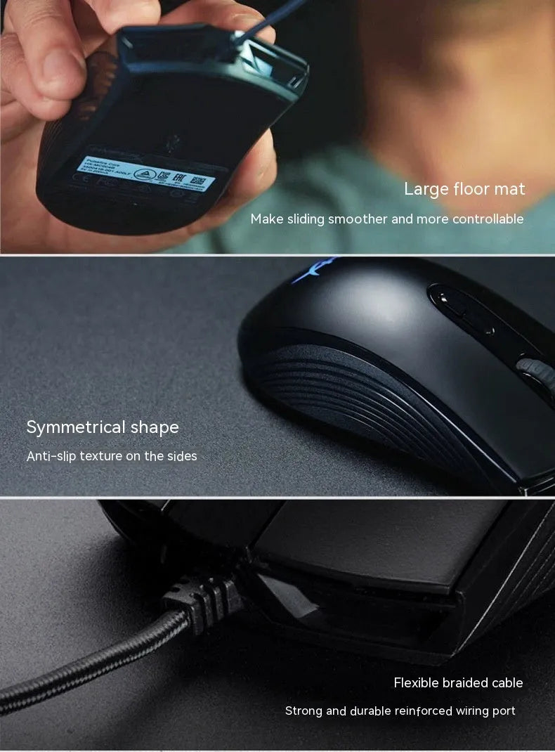 Pulsefire Core RGB wired gaming mouse in black and pink colours with glowing lighting and USB cable.