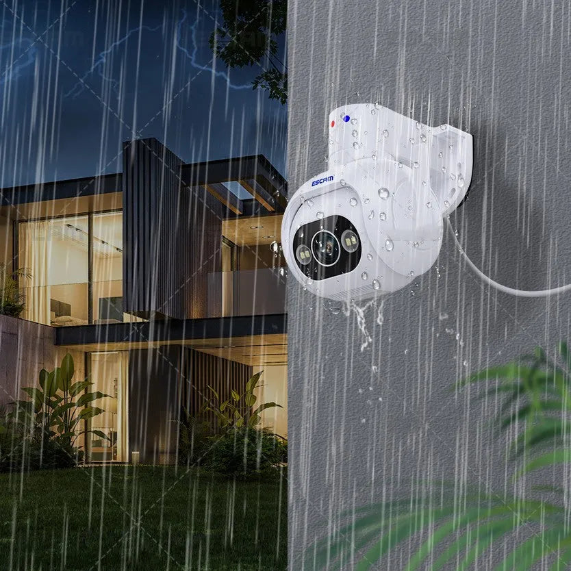 White plastic smart security camera with lens and wall mount bracket