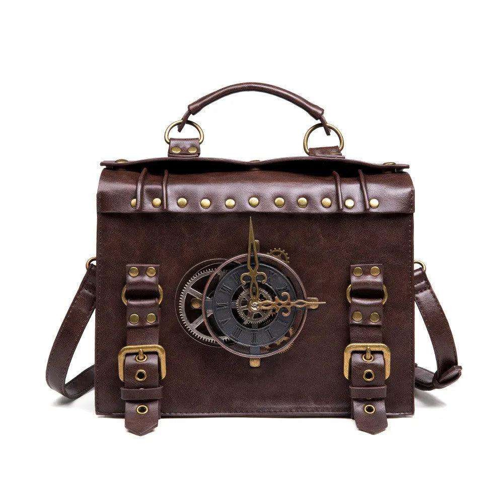 Bronze steampunk industrial retro style shoulder bag with metal hardware on a horizontal square pillow shape