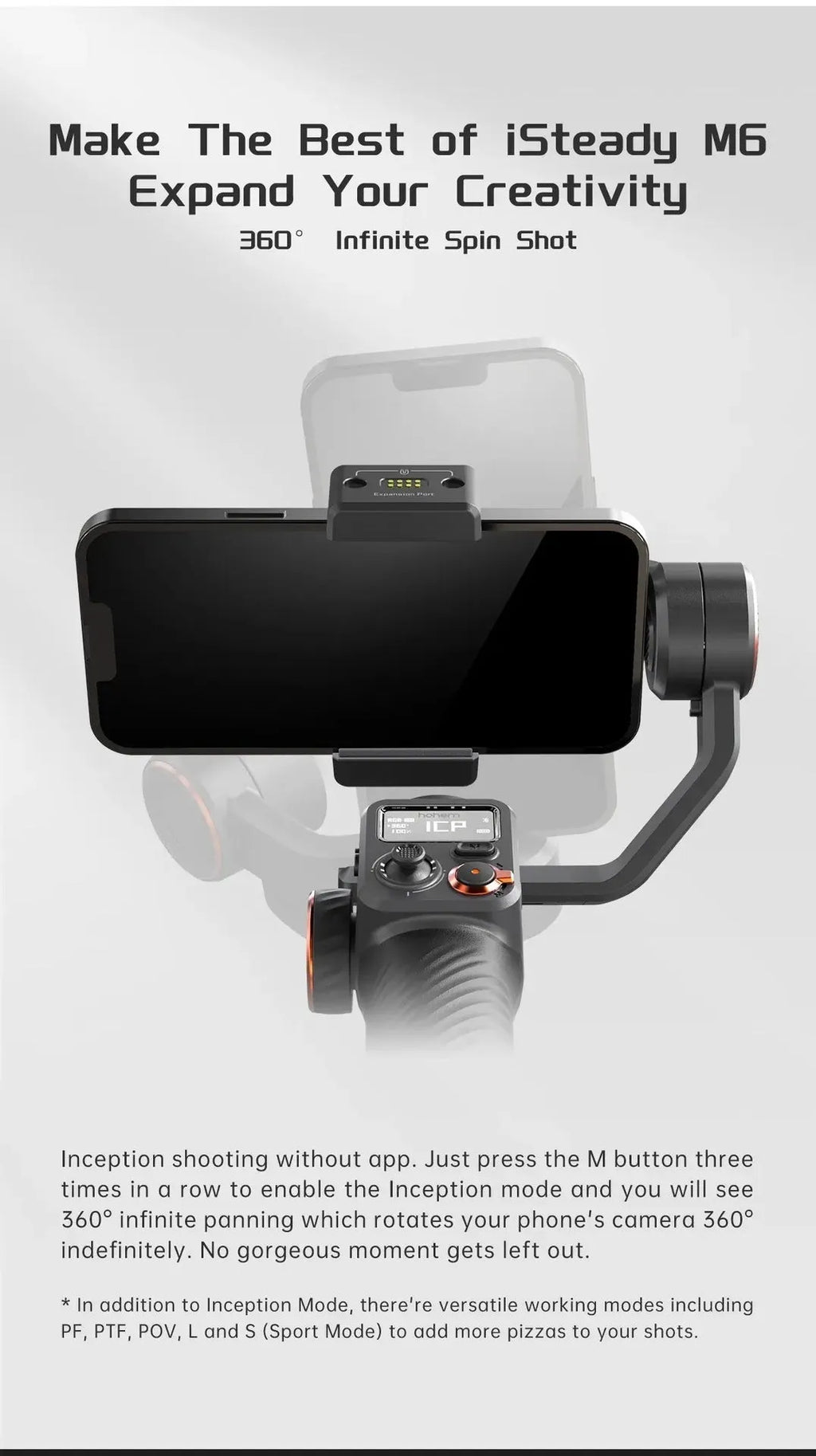 Black smartphone gimbal stabiliser with AI fill light and tripod on a table