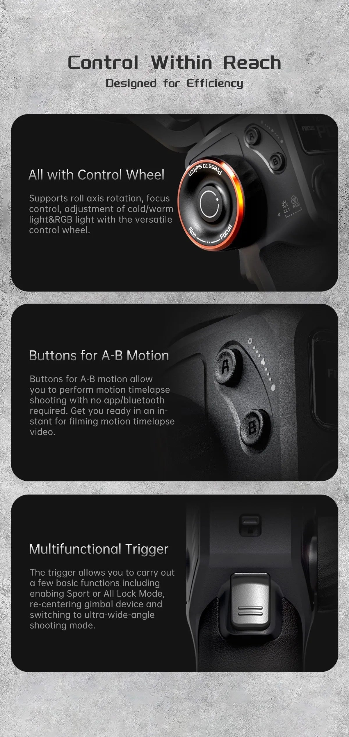 Black smartphone gimbal stabiliser with AI fill light and tripod on a table