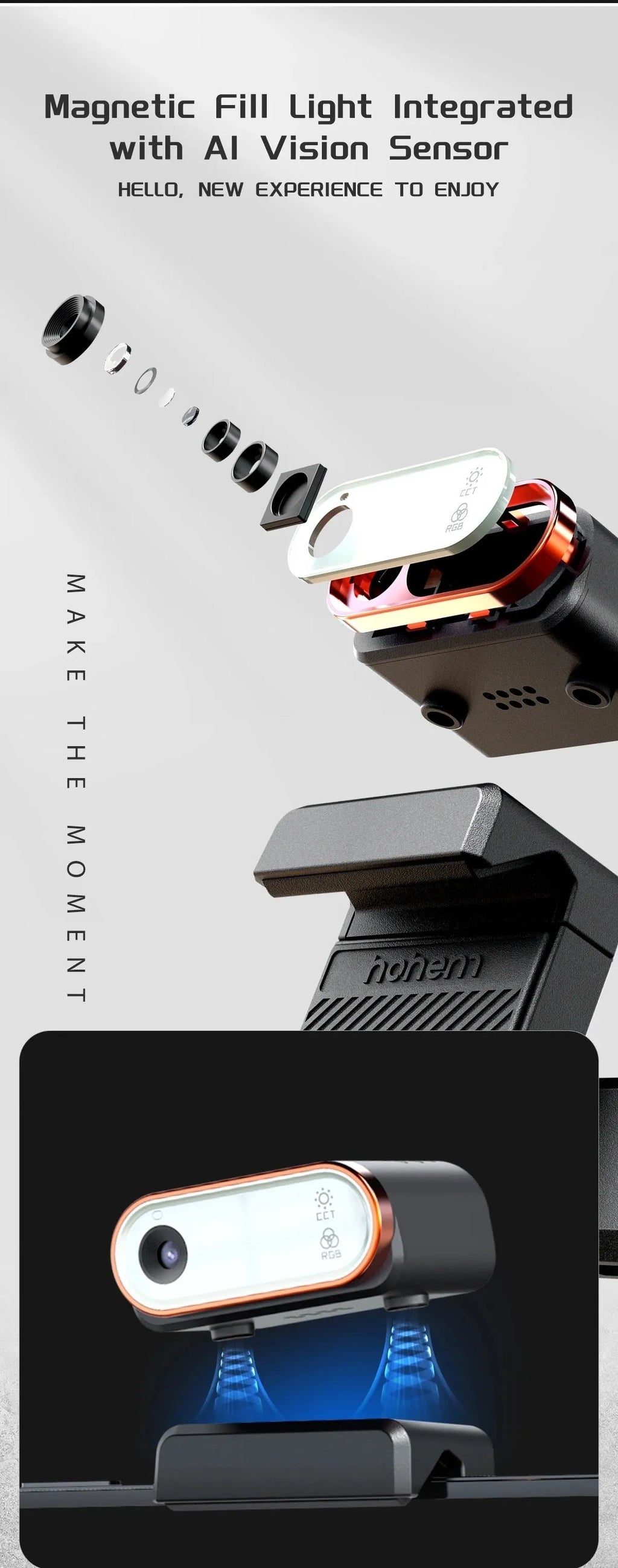 Black smartphone gimbal stabiliser with AI fill light and tripod on a table