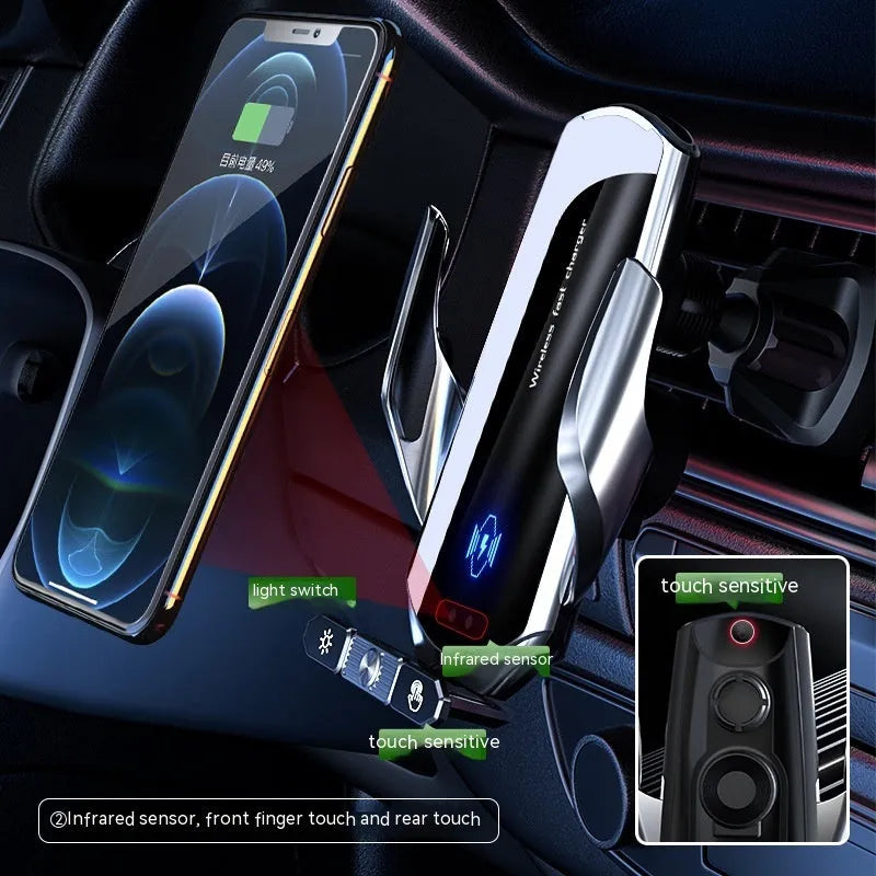 Car wireless charger phone bracket, 15W, electric clamping, air outlet mount, 130x65x24mm, black or silver