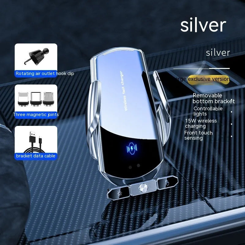 Car wireless charger phone bracket, 15W, electric clamping, air outlet mount, 130x65x24mm, black or silver