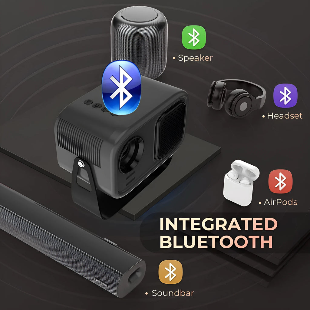 Black portable HD projector with Android system showing presentation on wall