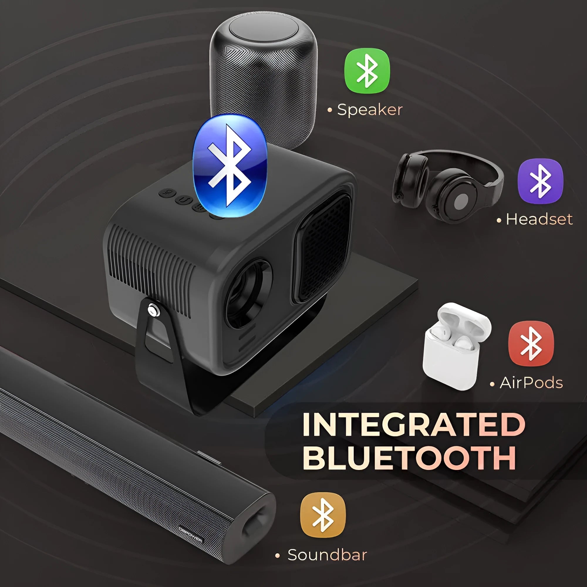 Black portable HD projector with Android system showing presentation on wall