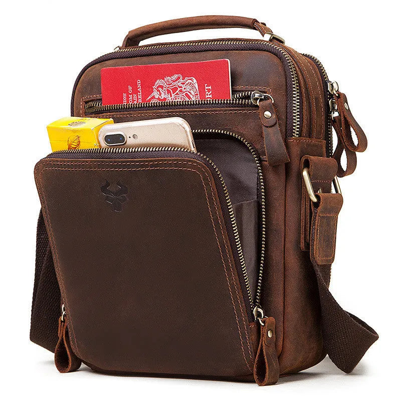 Men's brown genuine leather crossbody bag with sewing line detailing and single-shoulder strap