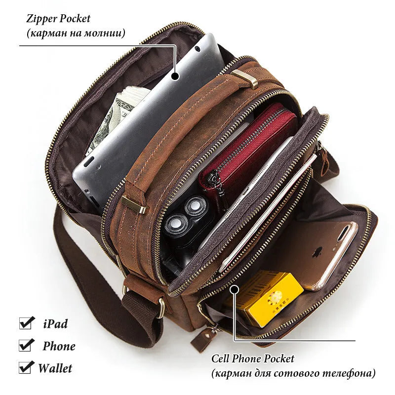 Men's brown genuine leather crossbody bag with sewing line detailing and single-shoulder strap