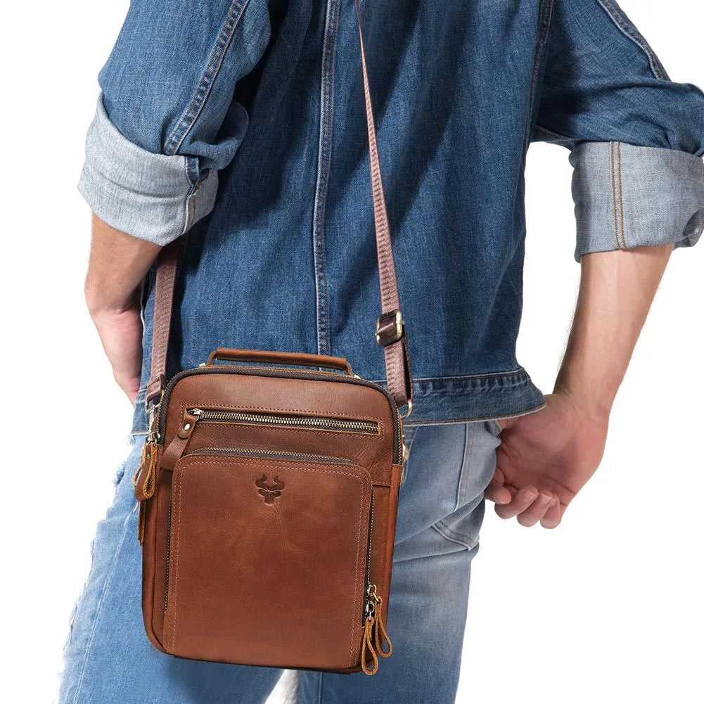 Men's brown genuine leather crossbody bag with sewing line detailing and single-shoulder strap