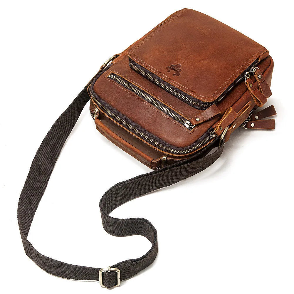 Men's brown genuine leather crossbody bag with sewing line detailing and single-shoulder strap