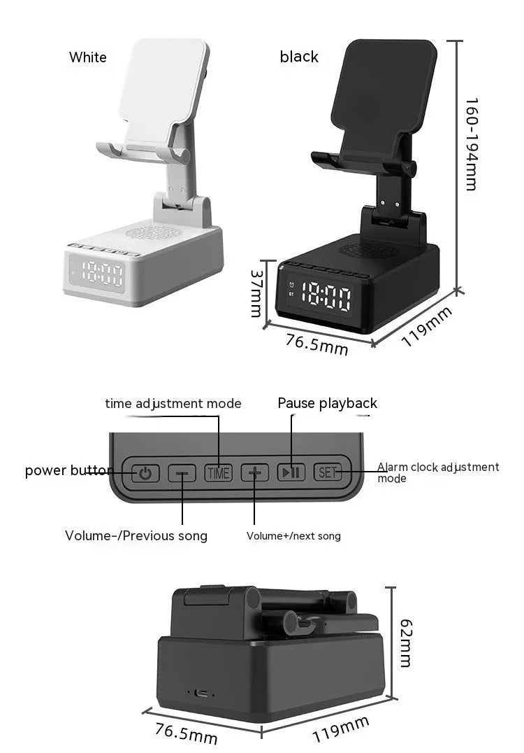 Multi-function Bluetooth speaker mobile phone holder desktop bracket with wireless charger 15W in black ABS plastic