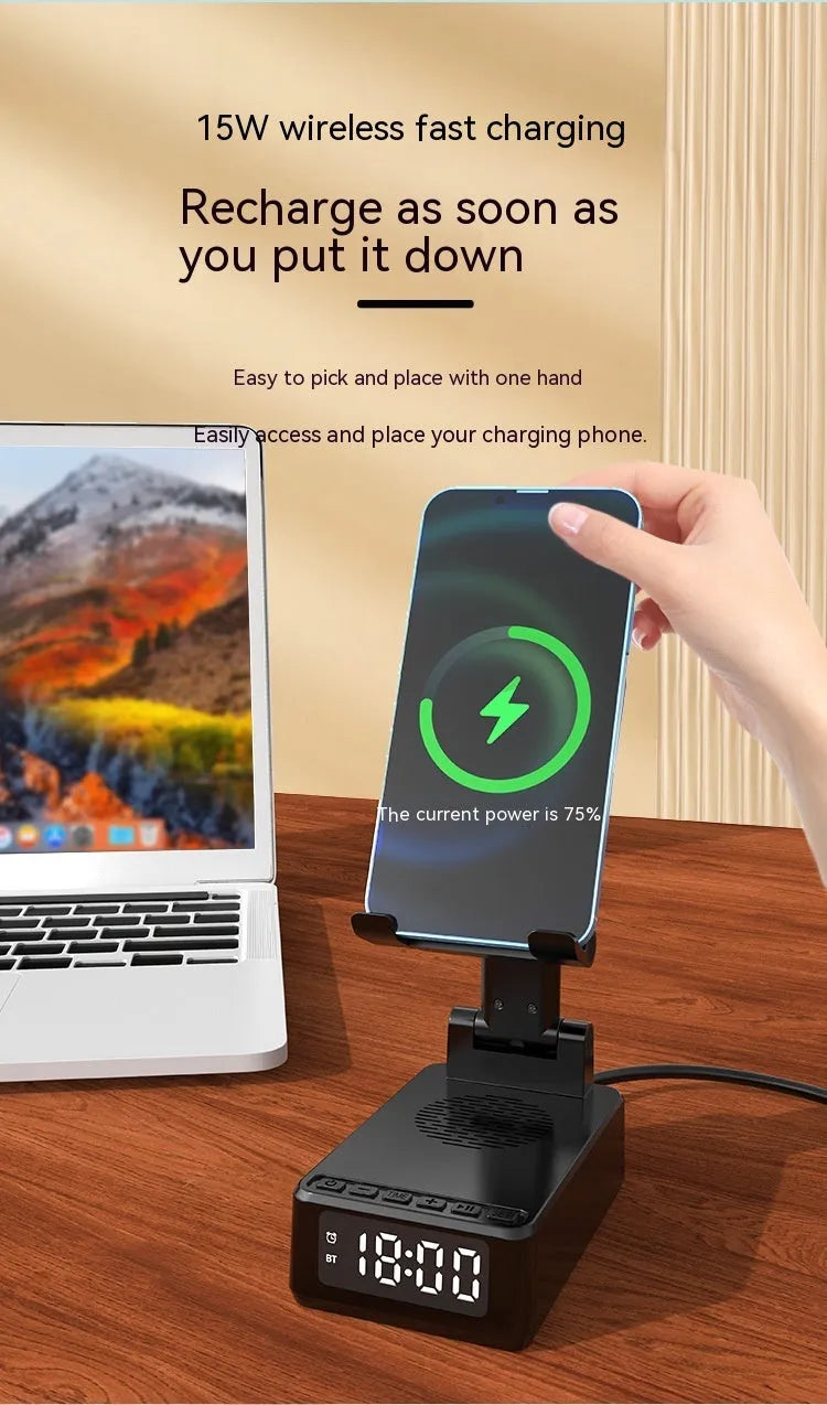 Multi-function Bluetooth speaker mobile phone holder desktop bracket with wireless charger 15W in black ABS plastic