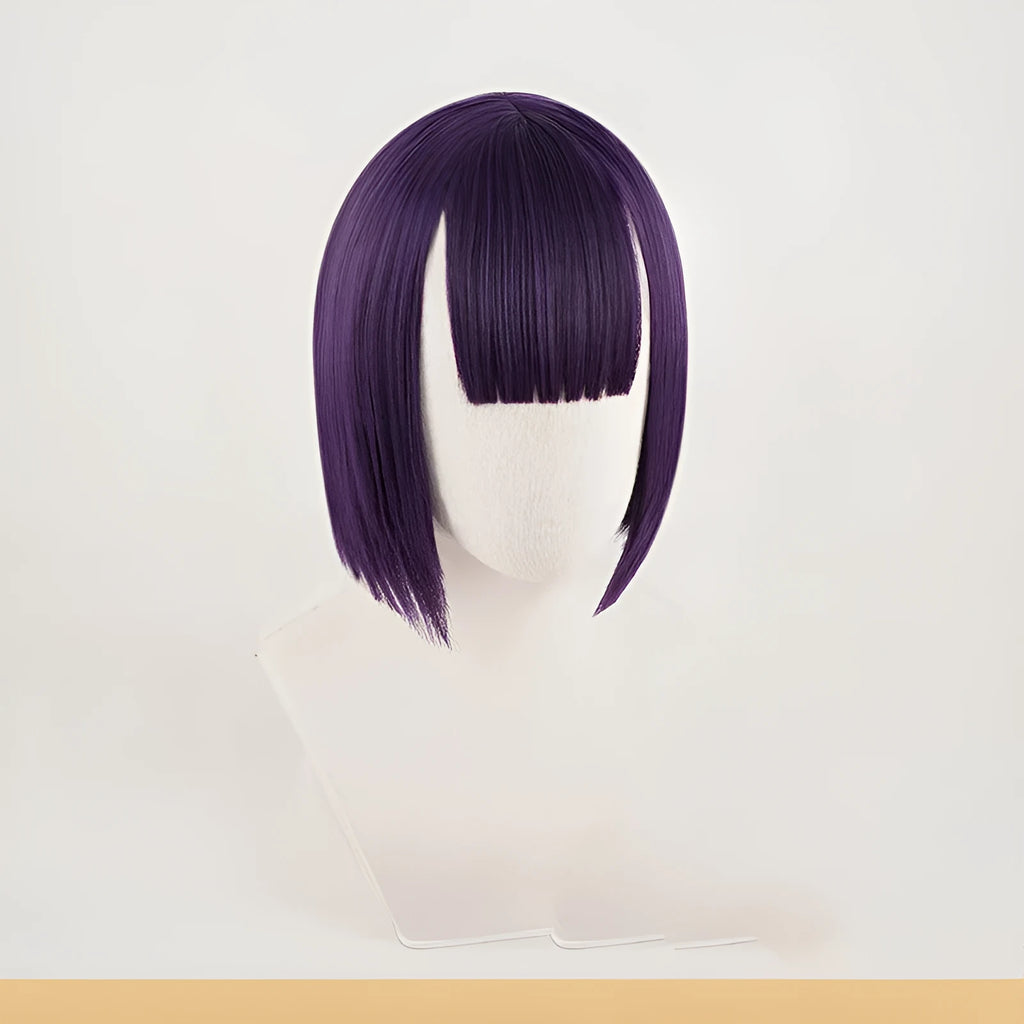 Short purple cosplay wig on mannequin head with high temperature silk fibre and rose net inner cap