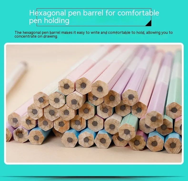 Basswood thermal transfer pencil with six-angle hexagonal rod design showing wooden barrel and HB graphite refills