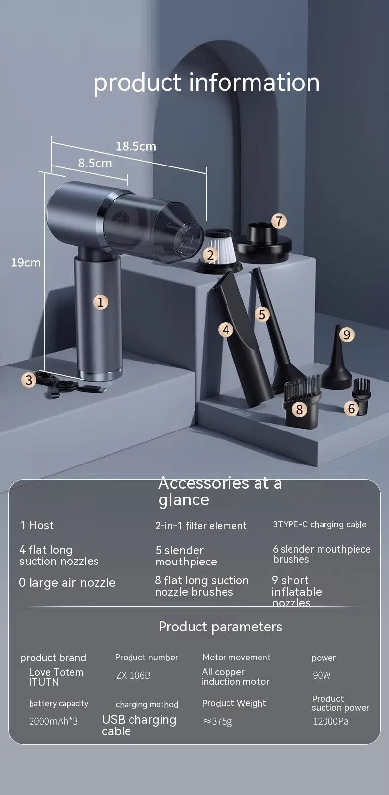 Handheld wireless car vacuum cleaner in space-like grey colour with blowing and suction functions