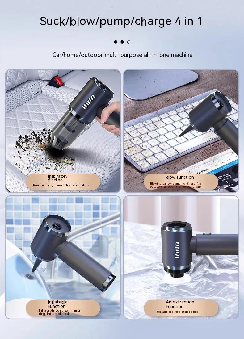 Handheld wireless car vacuum cleaner in space-like grey colour with blowing and suction functions