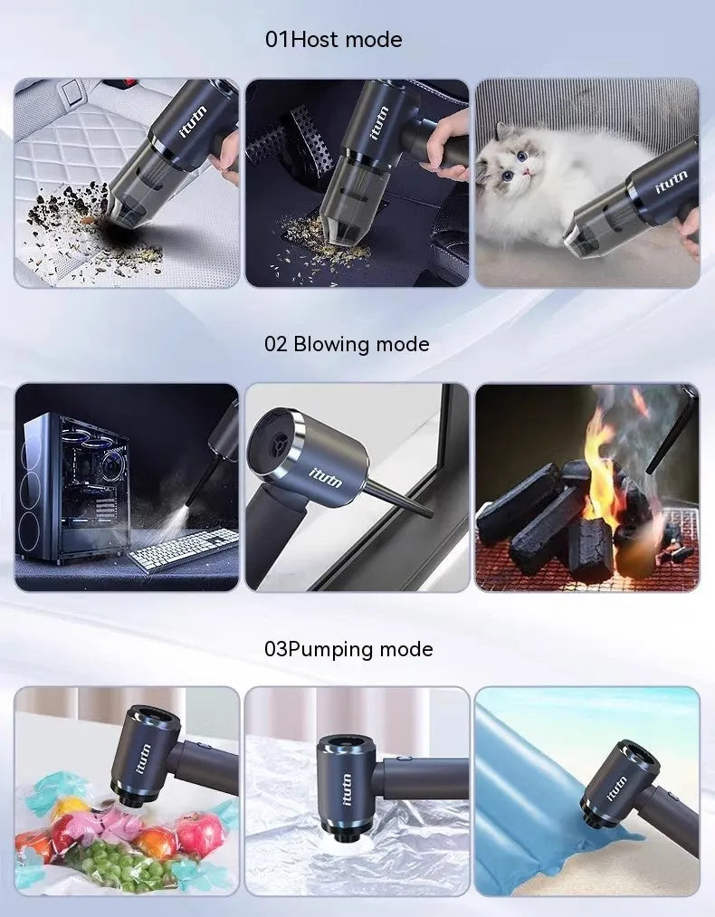 Handheld wireless car vacuum cleaner in space-like grey colour with blowing and suction functions