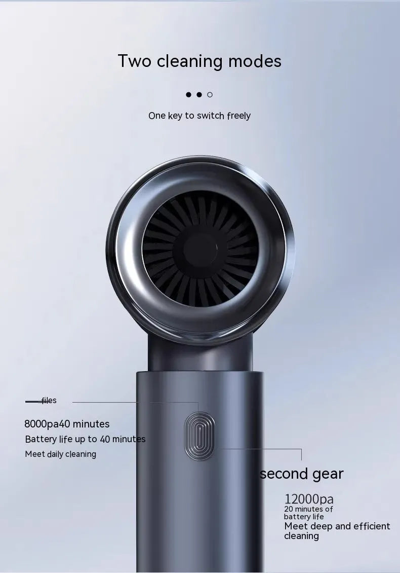 Handheld wireless car vacuum cleaner in space-like grey colour with blowing and suction functions