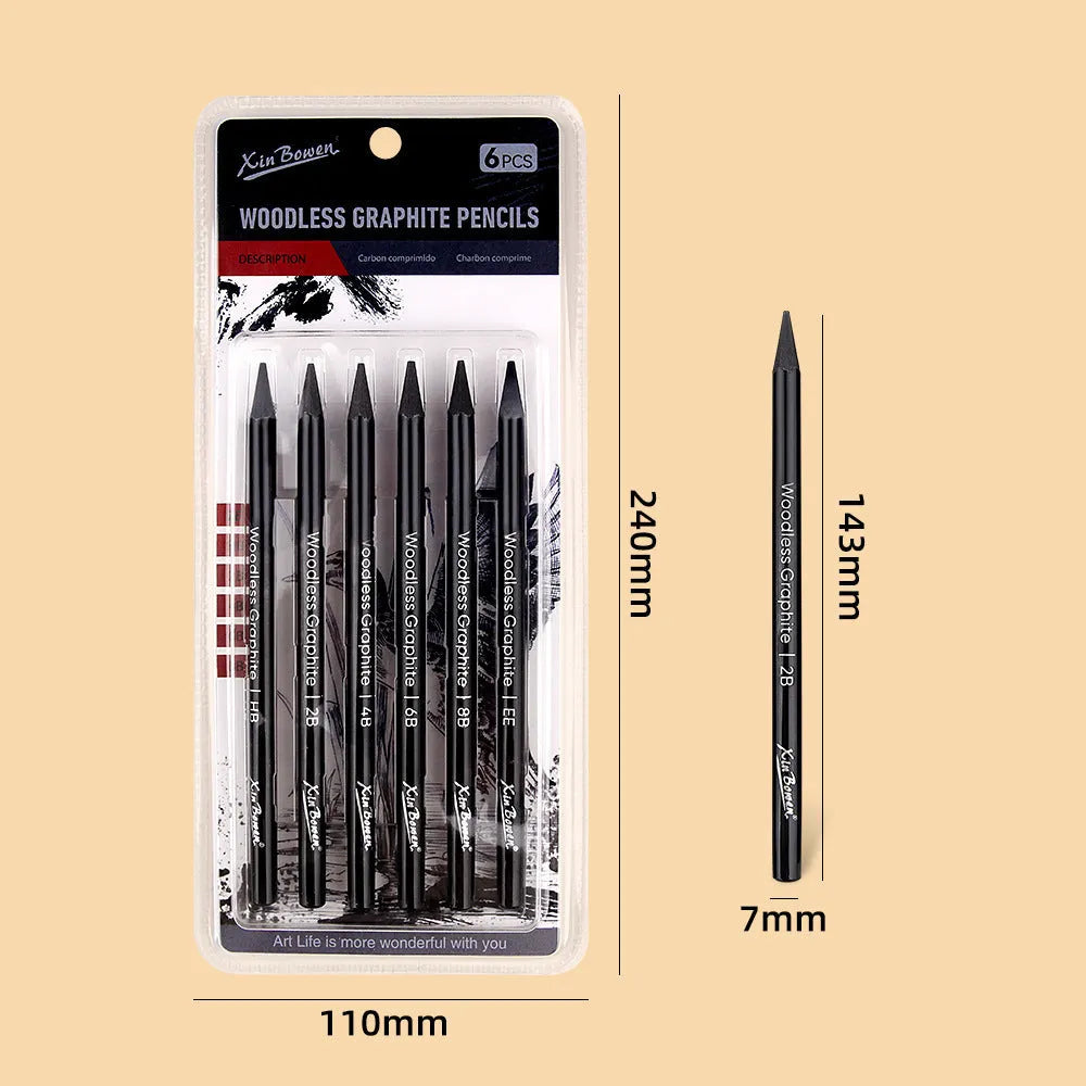 Six wood-free graphite sketching pencils showing different hardness grades HB 2B 4B 6B 8B EE