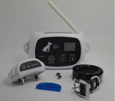 Wireless electronic dog fence with receiver collar, 500 metre range, shown in white or black.