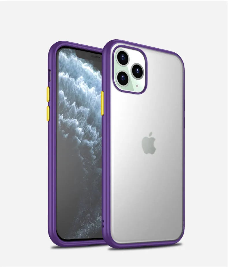 Frosted protective case for iPhone 11 in black, showing hidden corner airbags and scratch-resistant PC back.