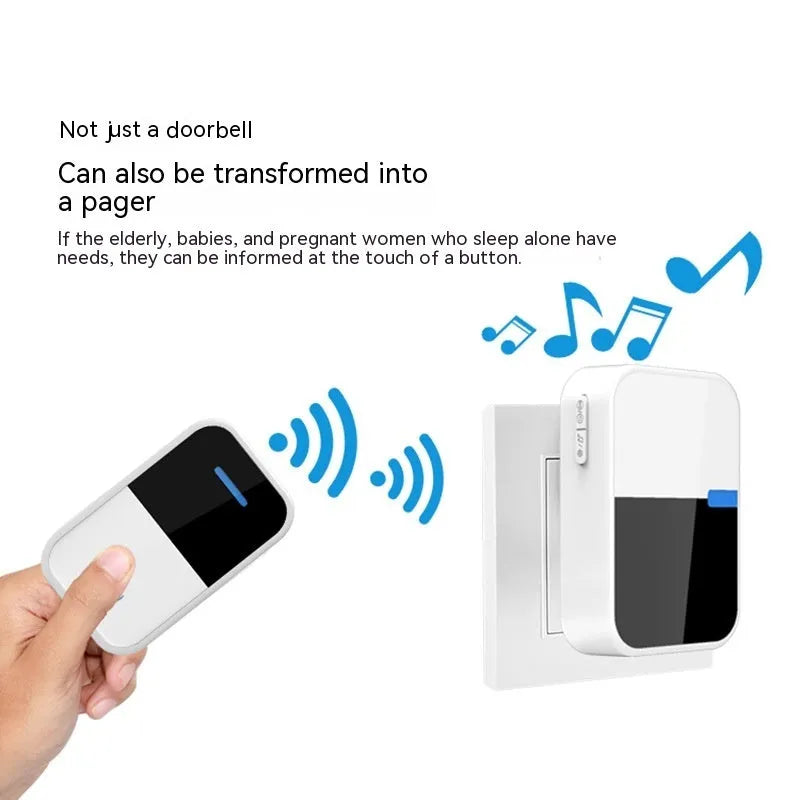 Modern white plastic wireless doorbell receiver and transmitter on a table.
