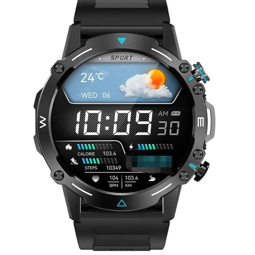 M42 smart watch in black on a wrist, showing its AMOLED screen displaying health metrics.