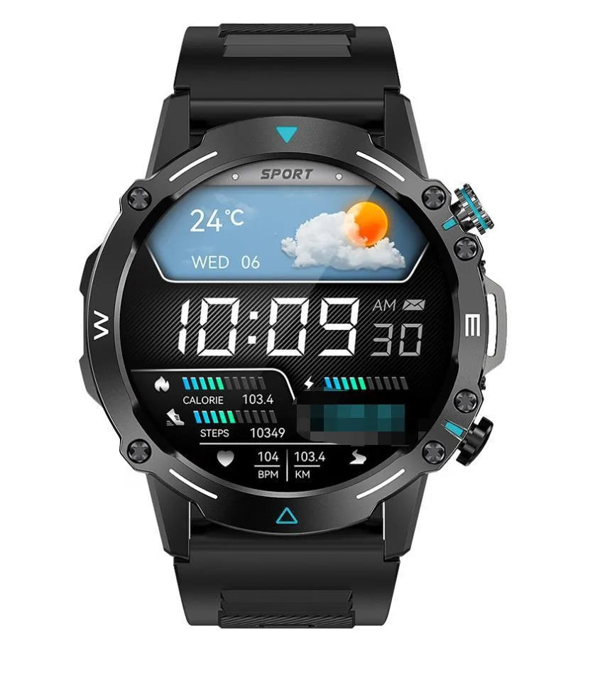 M42 smart watch in black on a wrist, showing its AMOLED screen displaying health metrics.