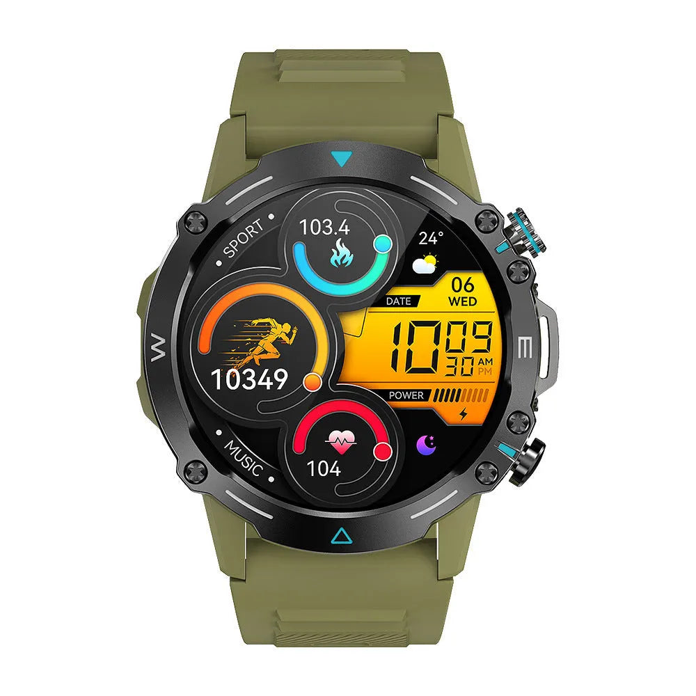 M42 smart watch in black on a wrist, showing its AMOLED screen displaying health metrics.