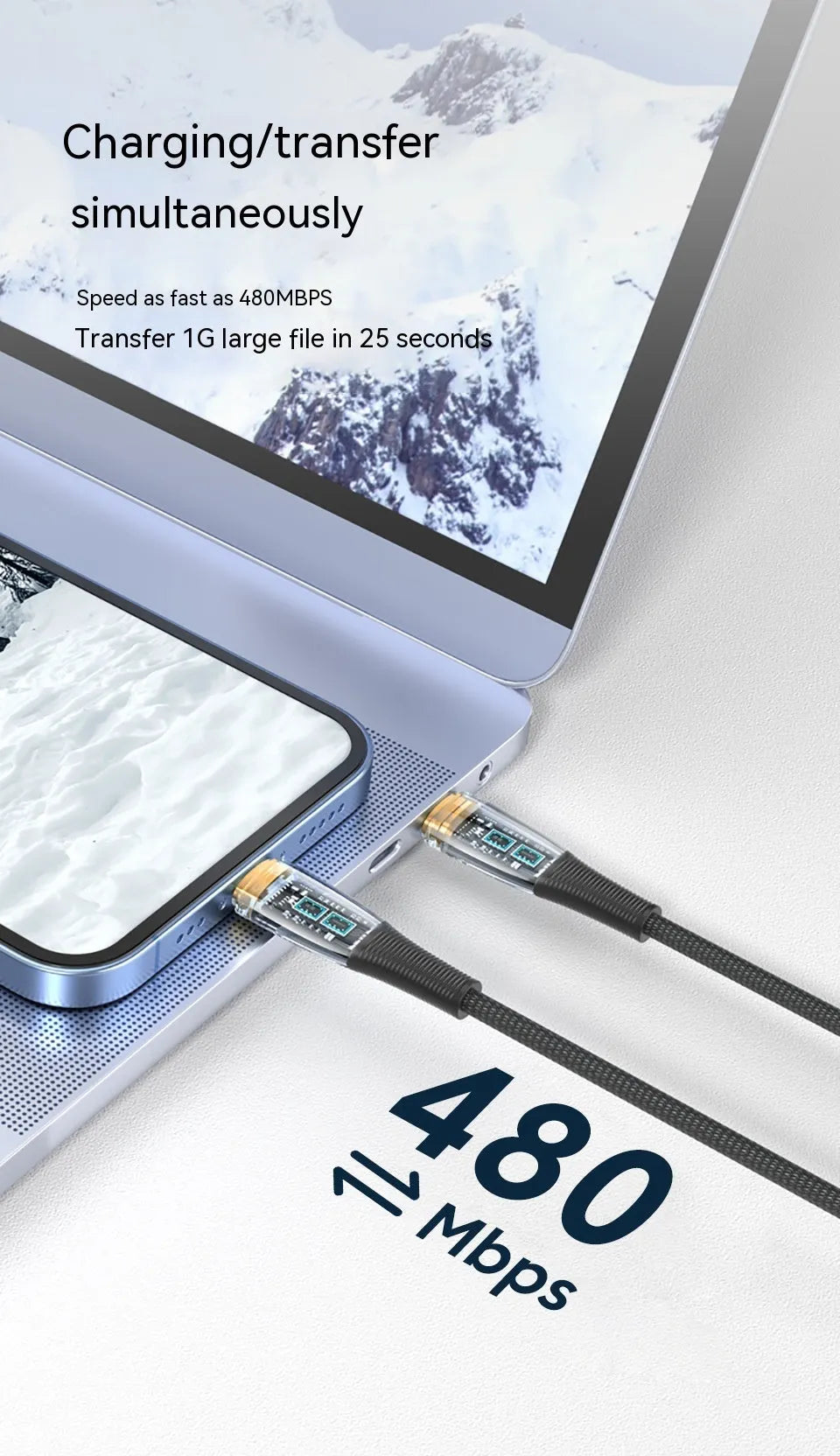 Low temperature fast charging Type-C data cable, woven braided, in black 1.2m length