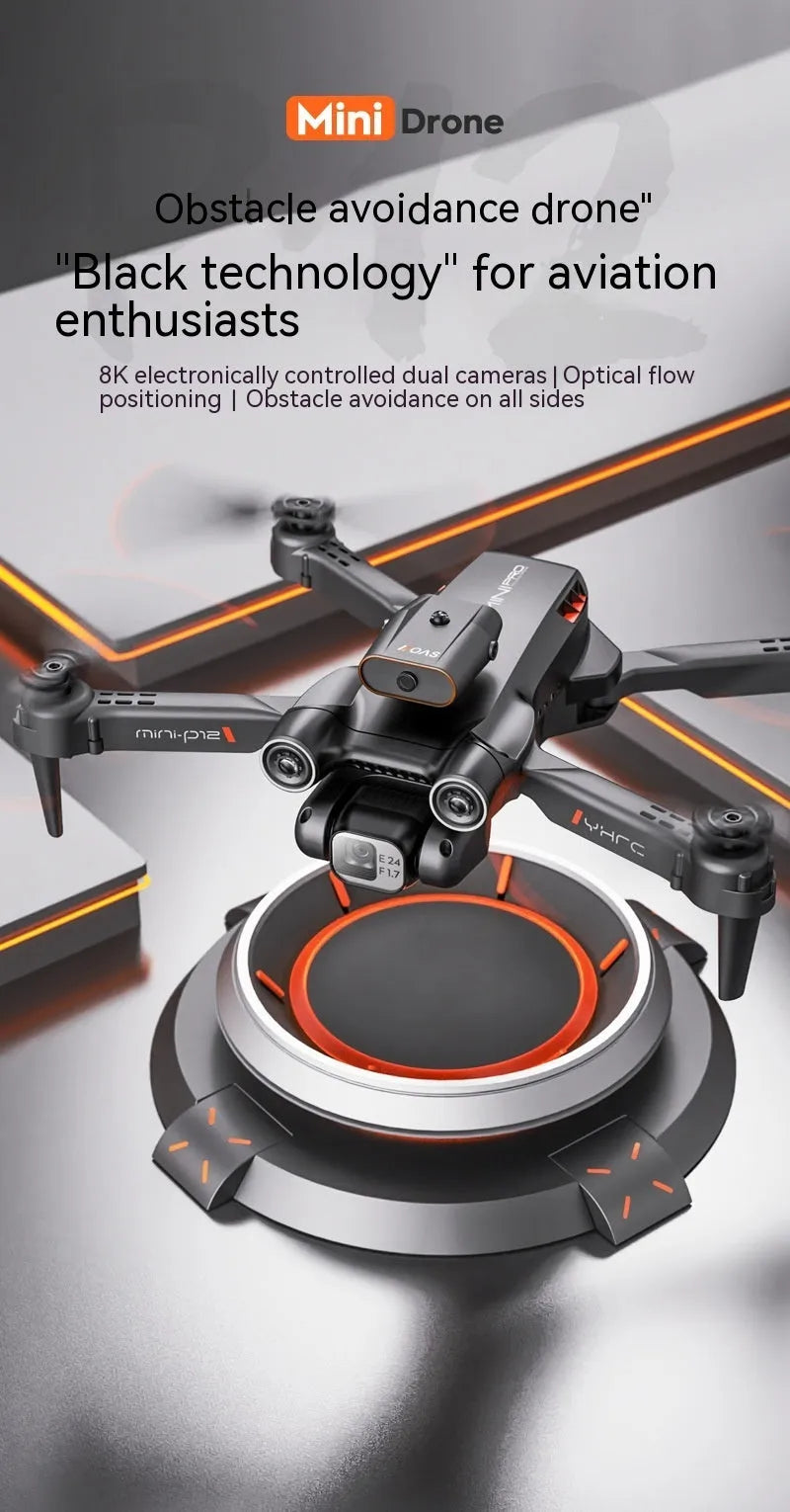 Black and orange foldable remote control quadcopter drone with four propellers and a mounted camera.