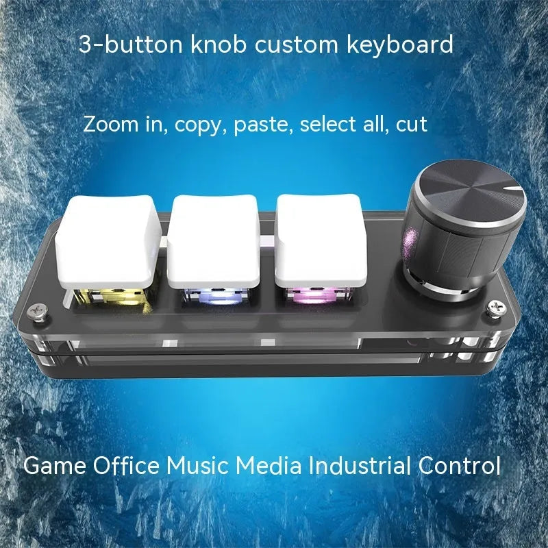 Custom black and white mini keyboard with RGB backlight and copy paste keys.