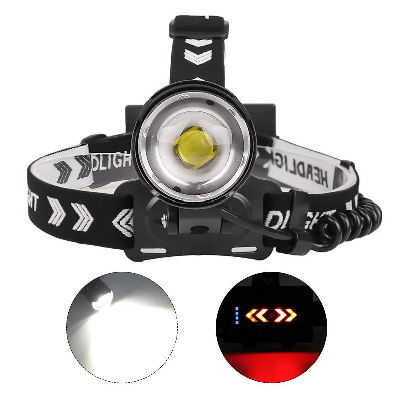 Black USB rechargeable aluminium alloy zoom headlight with storage box, showing telescopic lens and power display.