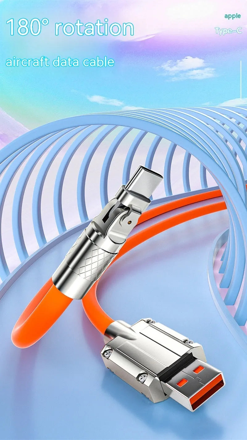 Orange rotating elbow charging cable with zinc alloy head for Lightning, Micro USB, and Type-C devices