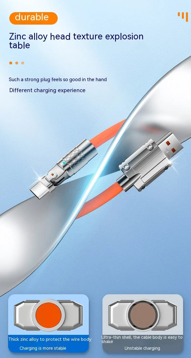 Orange rotating elbow charging cable with zinc alloy head for Lightning, Micro USB, and Type-C devices