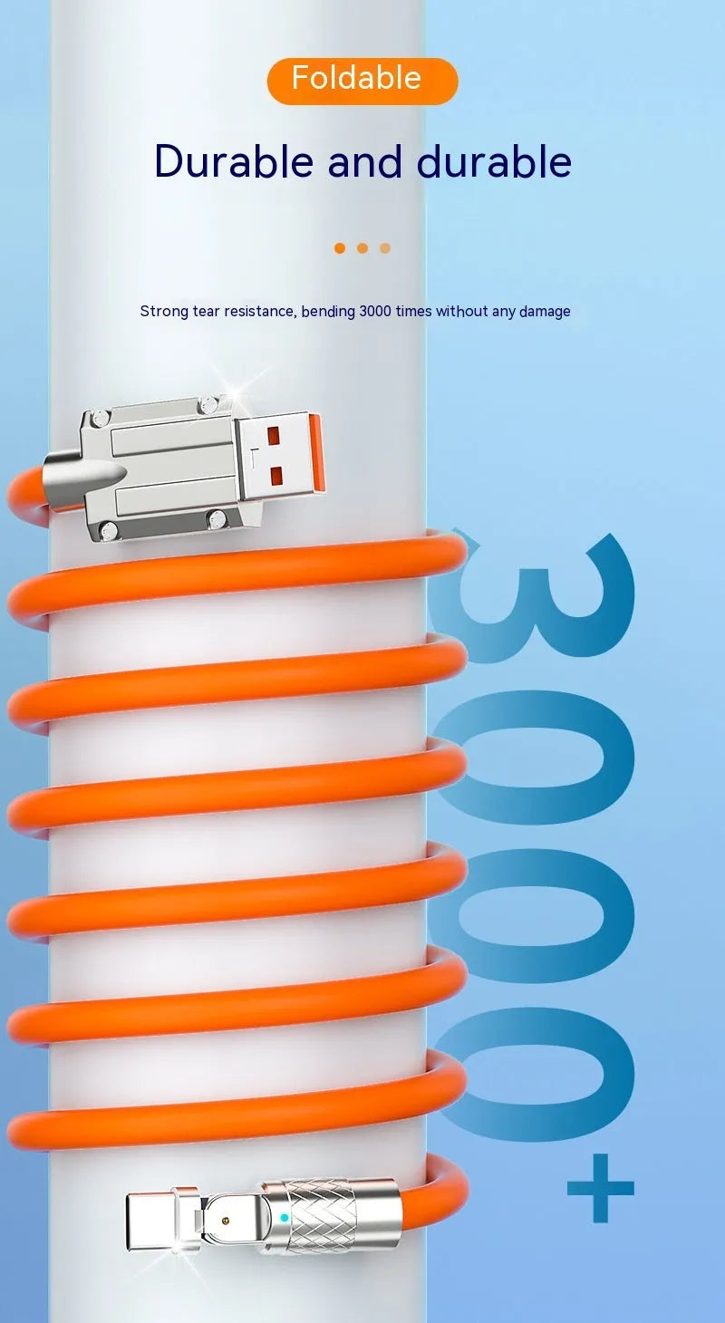 Orange rotating elbow charging cable with zinc alloy head for Lightning, Micro USB, and Type-C devices