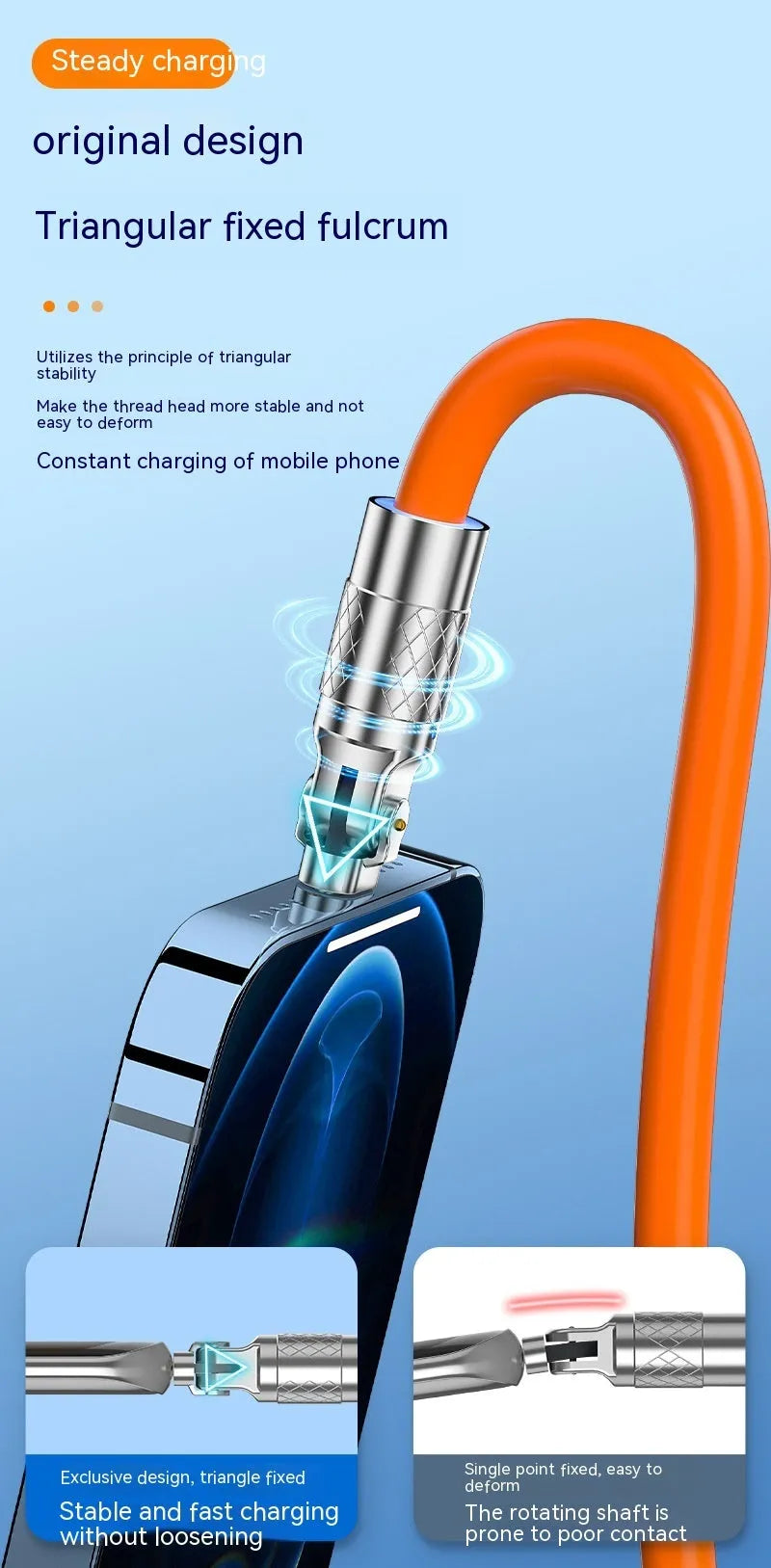 Orange rotating elbow charging cable with zinc alloy head for Lightning, Micro USB, and Type-C devices