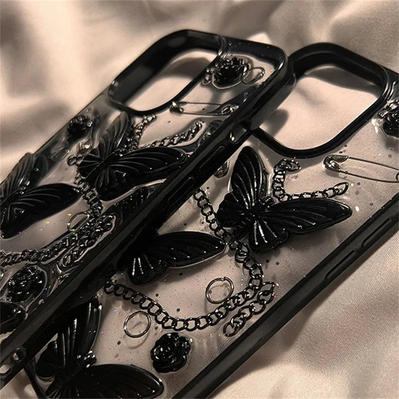 Black silicone phone case with three-dimensional butterfly design for Apple iPhone drop protection