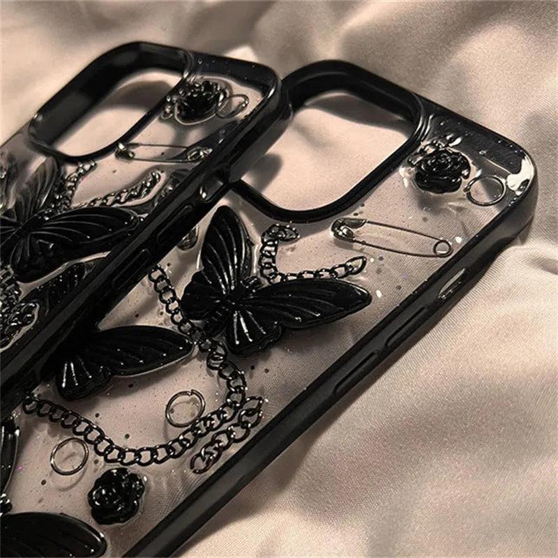 Black silicone phone case with three-dimensional butterfly design for Apple iPhone drop protection