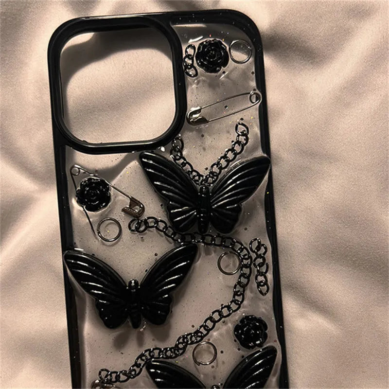 Black silicone phone case with three-dimensional butterfly design for Apple iPhone drop protection