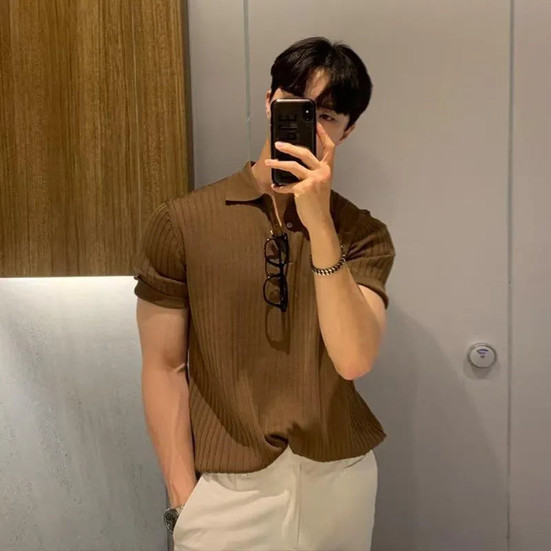 Men's lapel polo shirt, short sleeve, striped, cotton blend, slim fit, summer casual top in black, dark green or brown
