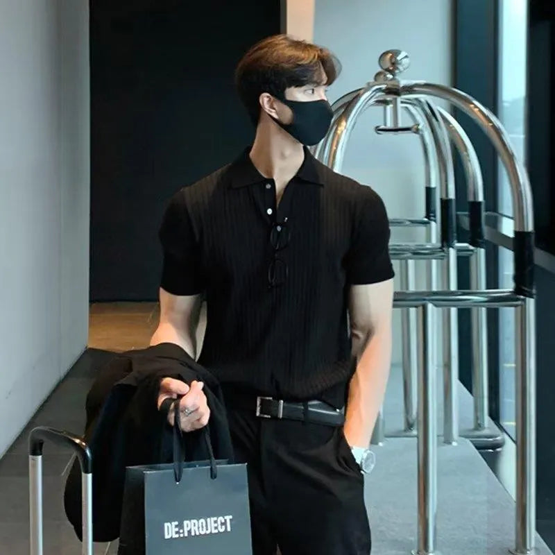Men's lapel polo shirt, short sleeve, striped, cotton blend, slim fit, summer casual top in black, dark green or brown