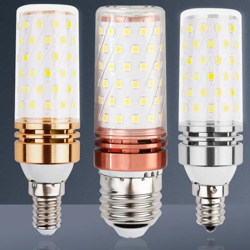E14 screw LED corn bulb showing 60 yellow LED beads with three colour temperature options displayed