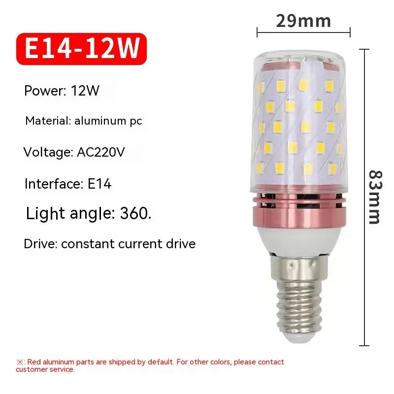 E14 screw LED corn bulb showing 60 yellow LED beads with three colour temperature options displayed