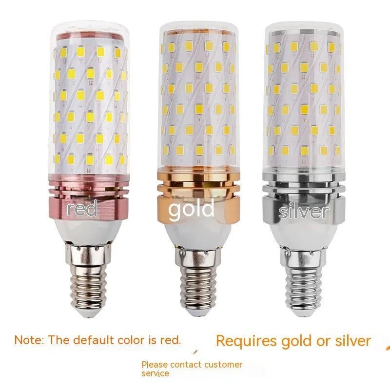 E14 screw LED corn bulb showing 60 yellow LED beads with three colour temperature options displayed