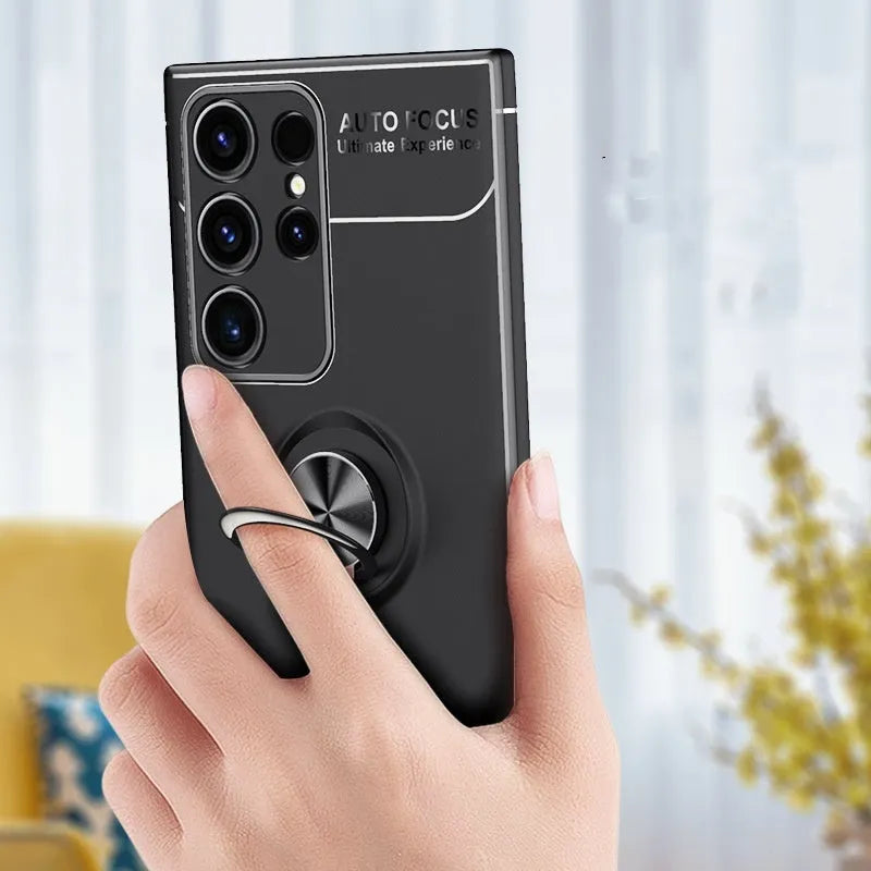 Metal ring support magnetic phone case for Samsung in Noble Black with TPU metal anti-fall bracket back cover.