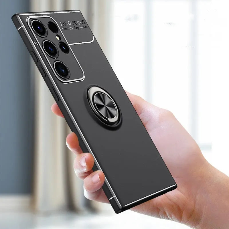 Metal ring support magnetic phone case for Samsung in Noble Black with TPU metal anti-fall bracket back cover.