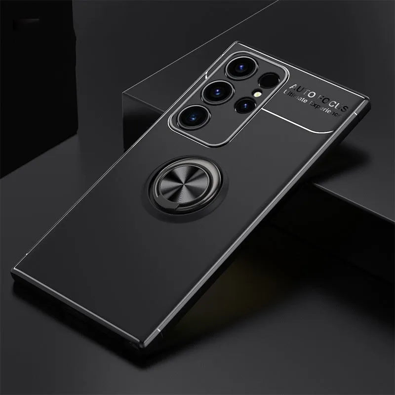 Metal ring support magnetic phone case for Samsung in Noble Black with TPU metal anti-fall bracket back cover.